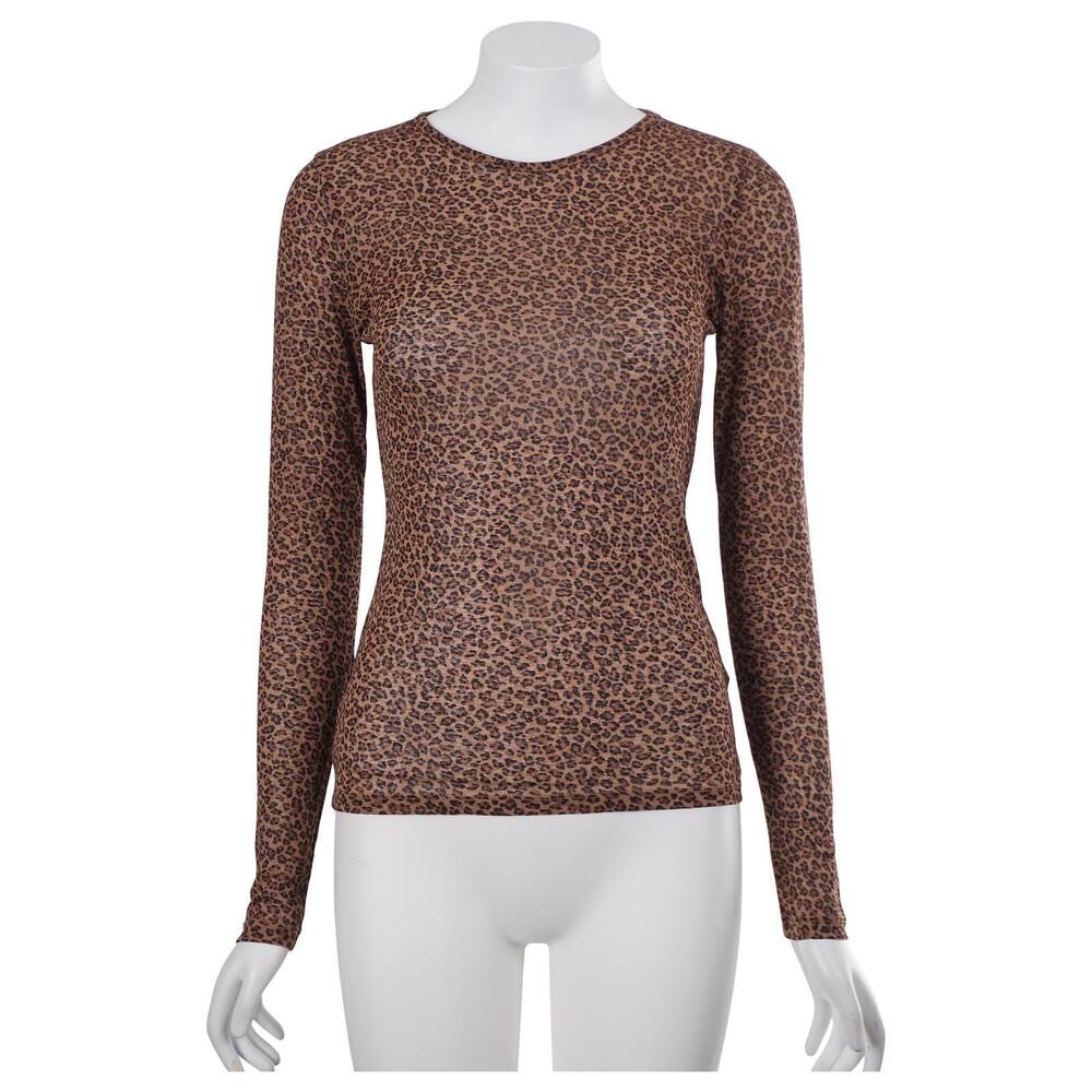 J.CREW Women Top XS Brown Leopard Print Sheer Stretch Long Sleeve